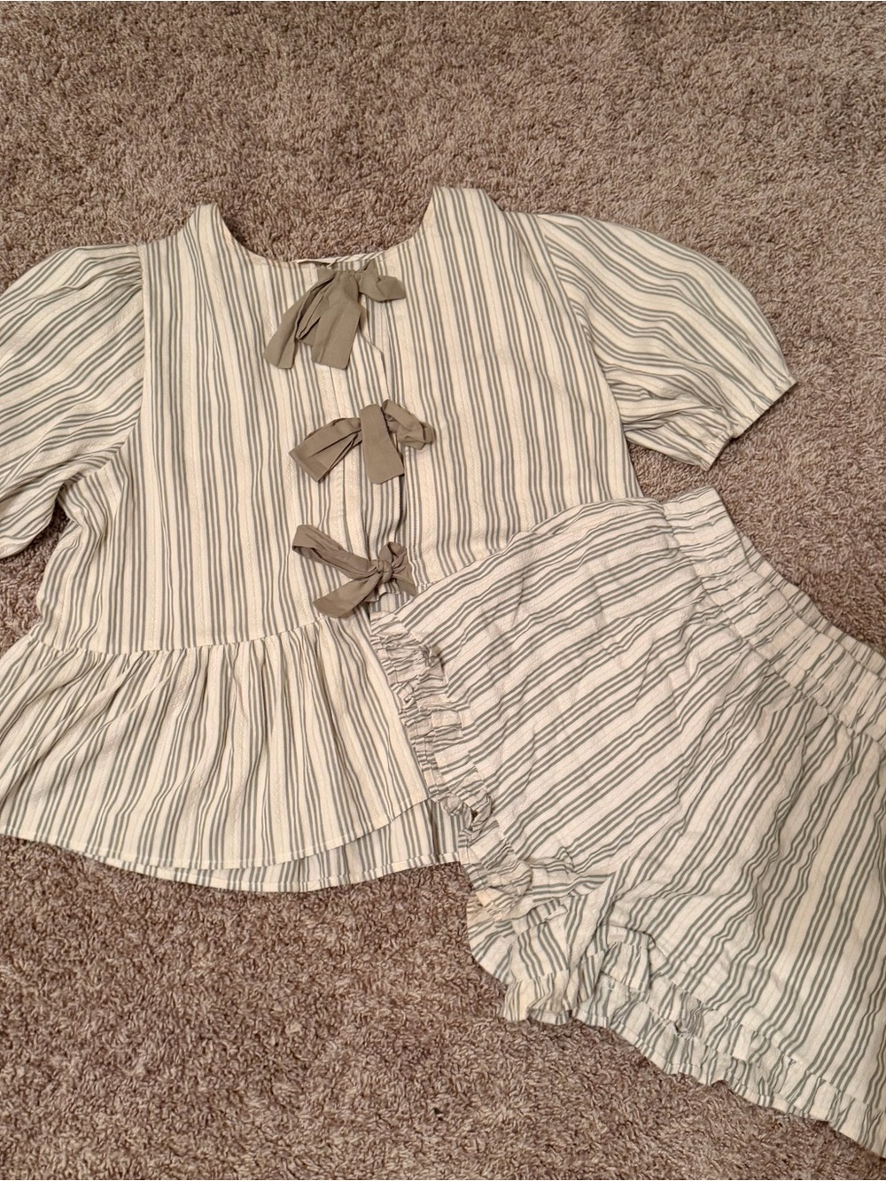 bohme Striped Cotton Peplum Top with Olive Bow Accents